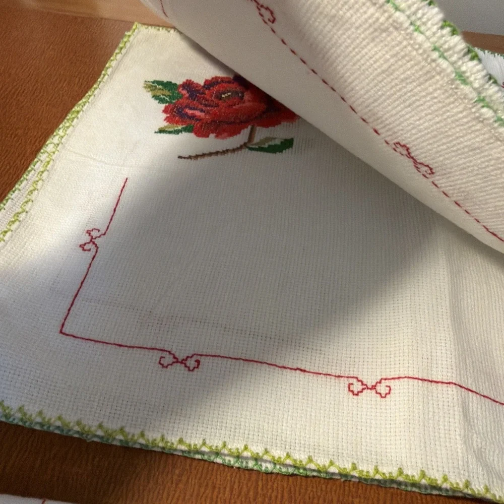 Vintage Set 6 Placemats‎ & Napkins Cross Stitch Pink Rose Handmade Never Used